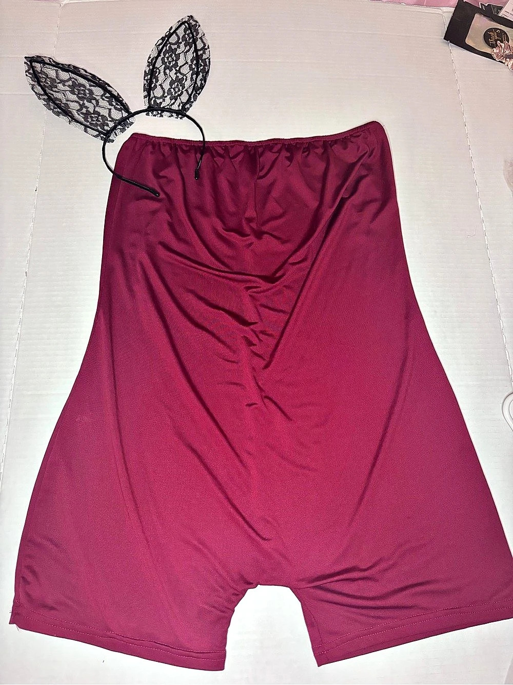 Burgundy Romper shorts w/ lace Bunny Ears sexy tight new. Halloween costume XL